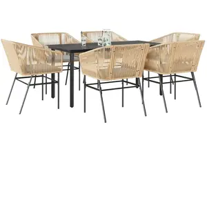 vidaXL Ensemble à manger jardin coussins 7pcs marron poly rotin verre pas cher