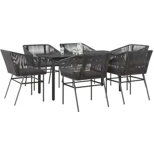 vidaXL Ensemble à manger de jardin coussins 7pcs noir poly rotin verre pas cher