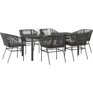 vidaXL Ensemble à manger de jardin coussins 7pcs noir poly rotin verre pas cher