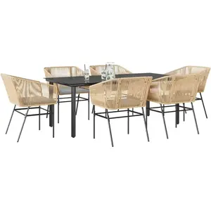 vidaXL Ensemble à manger jardin coussins 7pcs marron poly rotin verre pas cher