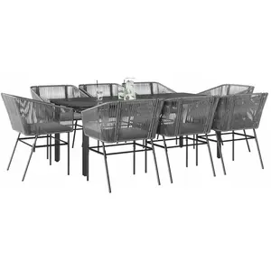 vidaXL Ensemble à manger jardin coussins 9 pcs gris poly rotin verre pas cher
