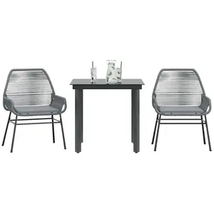 vidaXL Ensemble à manger jardin coussins 3 pcs gris poly rotin verre pas cher