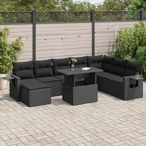 vidaXL Salon de jardin 9 pcs avec coussins noir résine tressée pas cher