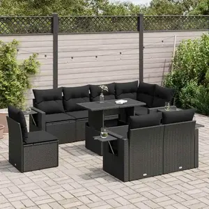 vidaXL Salon de jardin 9 pcs avec coussins noir résine tressée pas cher
