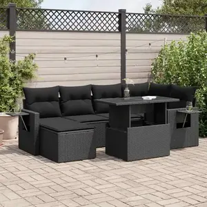 vidaXL Salon de jardin 7 pcs avec coussins noir résine tressée pas cher
