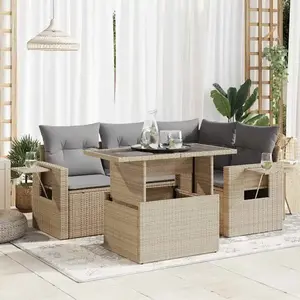 vidaXL - 5-delige - Loungeset - met - kussens - poly - rattan - beige pas cher