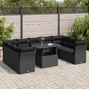 vidaXL Salon de jardin 10 pcs avec coussins noir résine tressée pas cher