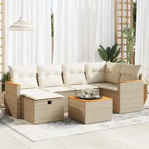 vidaXL - 7-delige - Loungeset - met - kussens - poly - rattan - beige pas cher