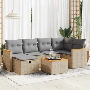 vidaXL - 7-delige - Loungeset - met - kussens - poly - rattan - beige pas cher