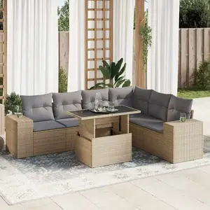 vidaXL - 7-delige - Loungeset - met - kussens - poly - rattan - beige pas cher