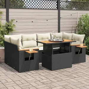vidaXL Salon de jardin avec coussins 7 pcs noir résine tressée acacia pas cher