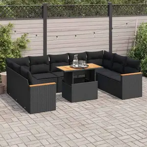 vidaXL Salon de jardin 10 pcs avec coussins noir résine tressée acacia pas cher