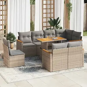 vidaXL Salon de jardin avec coussins 9 pcs beige résine tressée acacia pas cher