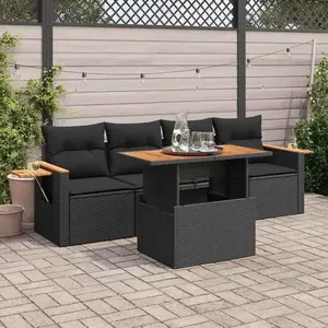 vidaXL Salon de jardin 5 pcs avec coussins noir résine tressée acacia pas cher