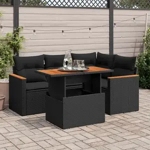 vidaXL Salon de jardin 5 pcs avec coussins noir résine tressée acacia pas cher