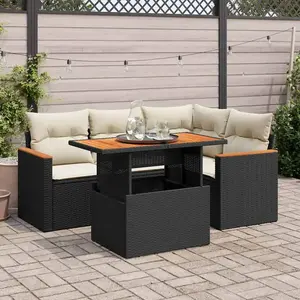 vidaXL Salon de jardin 5 pcs avec coussins noir résine tressée acacia pas cher