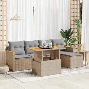 vidaXL Salon de jardin 6 pcs avec coussins beige résine tressée acacia pas cher