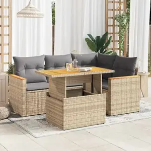 vidaXL - 5-delige - Loungeset - met - kussens - poly - rattan - en - acaciahout - beige pas cher