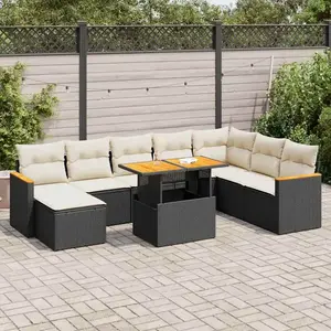 vidaXL Salon de jardin avec coussins 9 pcs noir résine tressée acacia pas cher
