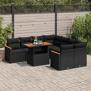 vidaXL Salon de jardin avec coussins 9 pcs noir résine tressée acacia pas cher
