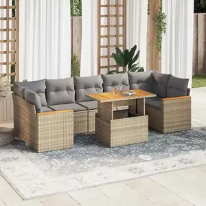 Salon de jardin avec coussins 7 pcs beige résine tressée acacia Vidaxl pas cher