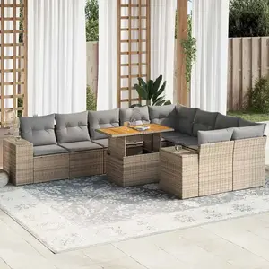 vidaXL Salon de jardin avec coussins 10pcs beige résine tressée acacia pas cher