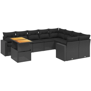 vidaXL Salon de jardin 10 pcs avec coussins noir résine tressée pas cher