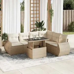 vidaXL Salon de jardin avec coussins 7 pcs beige résine tressée pas cher
