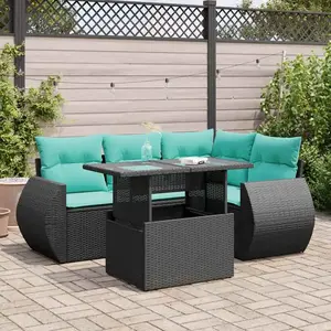 vidaXL Salon de jardin 5 pcs avec coussins noir résine tressée acacia pas cher