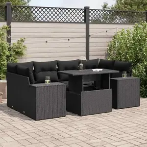 vidaXL Salon de jardin 7 pcs avec coussins noir résine tressée pas cher