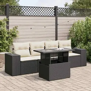 vidaXL Salon de jardin 5 pcs avec coussins noir résine tressée pas cher