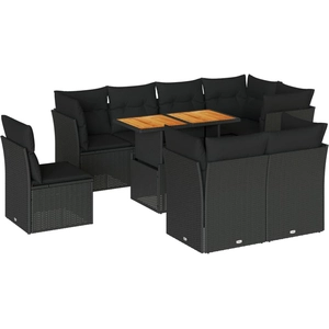 vidaXL Salon de jardin 9 pcs avec coussins noir résine tressée pas cher