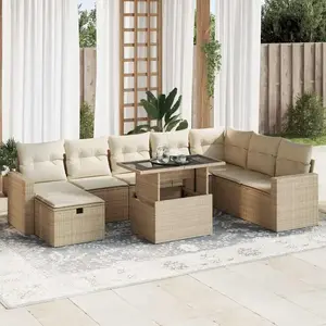 vidaXL Salon de jardin avec coussins 9 pcs beige résine tressée pas cher