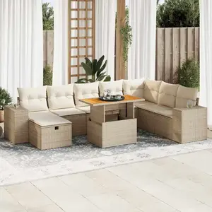 vidaXL Salon de jardin avec coussins 9 pcs beige résine tressée acacia pas cher