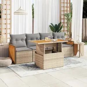 vidaXL - 5-delige - Loungeset - met - kussens - poly - rattan - en - acaciahout - beige pas cher