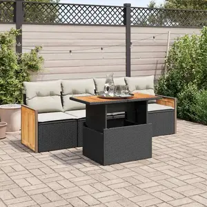 vidaXL Salon de jardin 5 pcs avec coussins noir résine tressée acacia pas cher