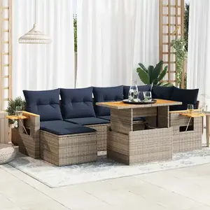 vidaXL Salon de jardin avec coussins 7 pcs noir résine tressée acacia pas cher