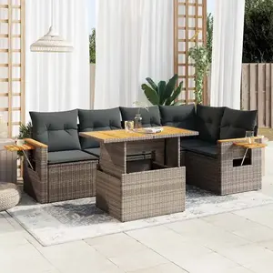Salon de jardin 5 pcs avec coussins gris résine tressée acacia Vidaxl pas cher