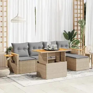Salon de jardin avec coussins 7 pcs beige résine tressée acacia Vidaxl