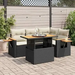 Salon de jardin 5 pcs avec coussins noir résine tressée acacia vidaXL pas cher