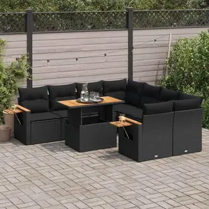 vidaXL Salon de jardin avec coussins 9 pcs noir résine tressée acacia pas cher