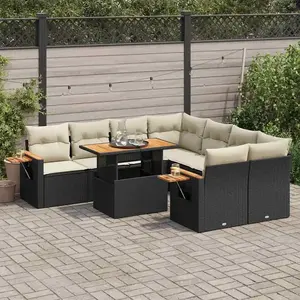 vidaXL Salon de jardin avec coussins 9 pcs noir résine tressée acacia pas cher
