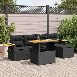 Salon de jardin avec coussins 7 pcs noir résine tressée acacia Vidaxl pas cher