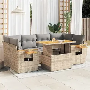 vidaXL Salon de jardin avec coussins 7 pcs beige résine tressée acacia pas cher