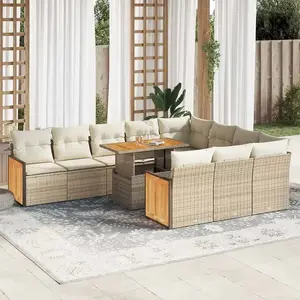 vidaXL Salon de jardin 11pcs avec coussins beige résine tressée acacia pas cher