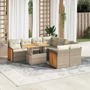 vidaXL Salon de jardin avec coussins 9 pcs beige résine tressée acacia pas cher