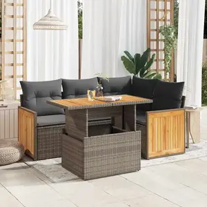 vidaXL Salon de jardin 5 pcs avec coussins gris résine tressée acacia pas cher