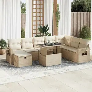 vidaXL Salon de jardin avec coussins 9 pcs beige résine tressée pas cher