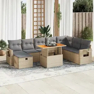 vidaXL Salon de jardin avec coussins 9 pcs beige résine tressée acacia pas cher