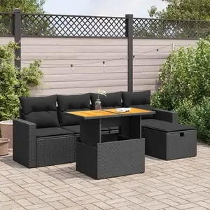 vidaXL Salon de jardin 6 pcs avec coussins noir résine tressée acacia pas cher